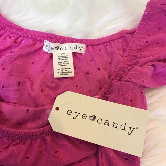 Eye Candy Juniors Pink Eyelet Off the Shoulder Bodysuit Top Size Large - Picture 8 of 8